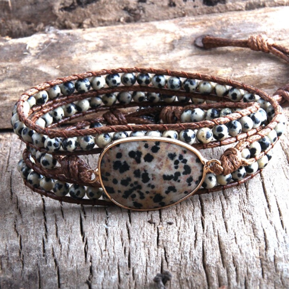 Dalmatian Jasper Boho Stone Bead Wrap Bracelet